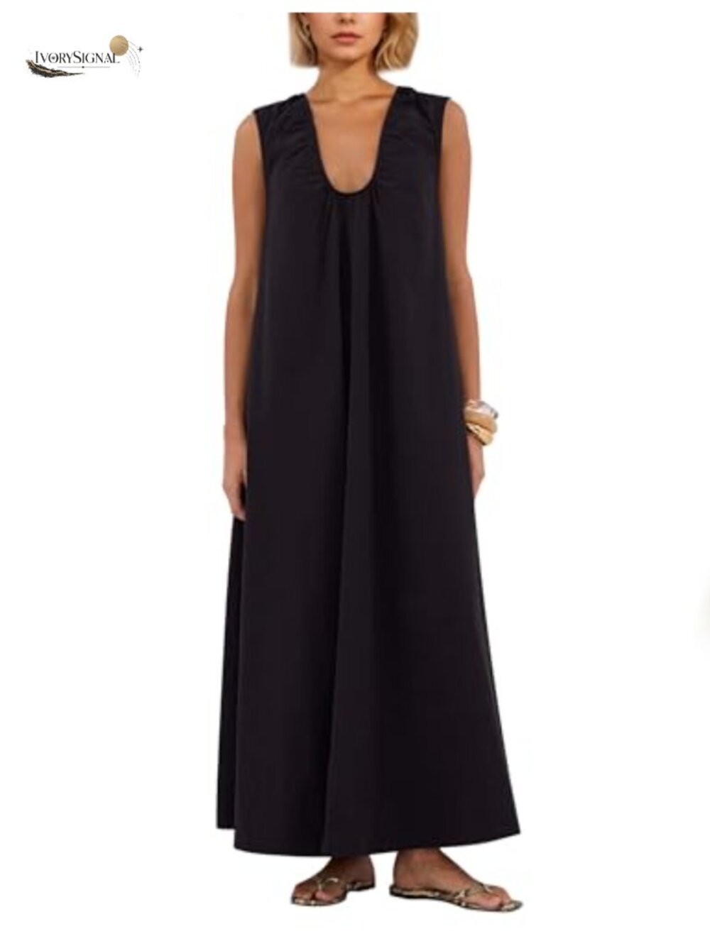 Scoop Neck Ruched Maxi Dress Flowy Swing Sleeveless Cotton Sundress Pockets